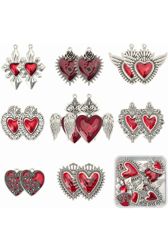 1 Box 16Pcs 8 Styles Sacred Heart Charm Gothic Love Charms Silver Alloy Enamel Sacred Pendants