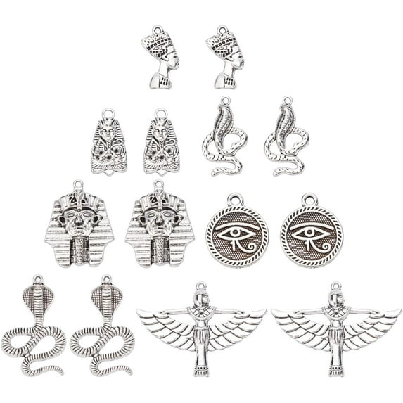 1 Box 16Pcs 8 Styles Silver Egyptian Charms Alloy Eye of Horus Pharaoh Snake Cobra Angel Pyramid Antique Flat Round Pendants Tibetan Style for Jewelry Making Charms DIY Bracelets Findings