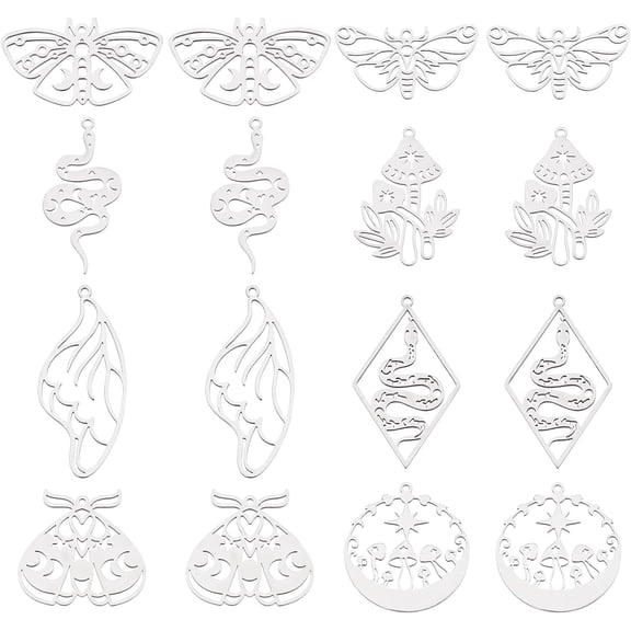 1 Box 16Pcs 8 Styles Stainless Steel Animal Charms Tarot Style Ladybugs Snake Mushroom Butterfly Wing Charm
