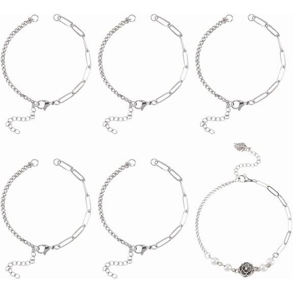 1 Box 16Pcs Bracelets Chains Kit Paperclip Chain Bracelets Bulk Silver Stainless Steel Curb Paper Clip Links Lobster Clasps