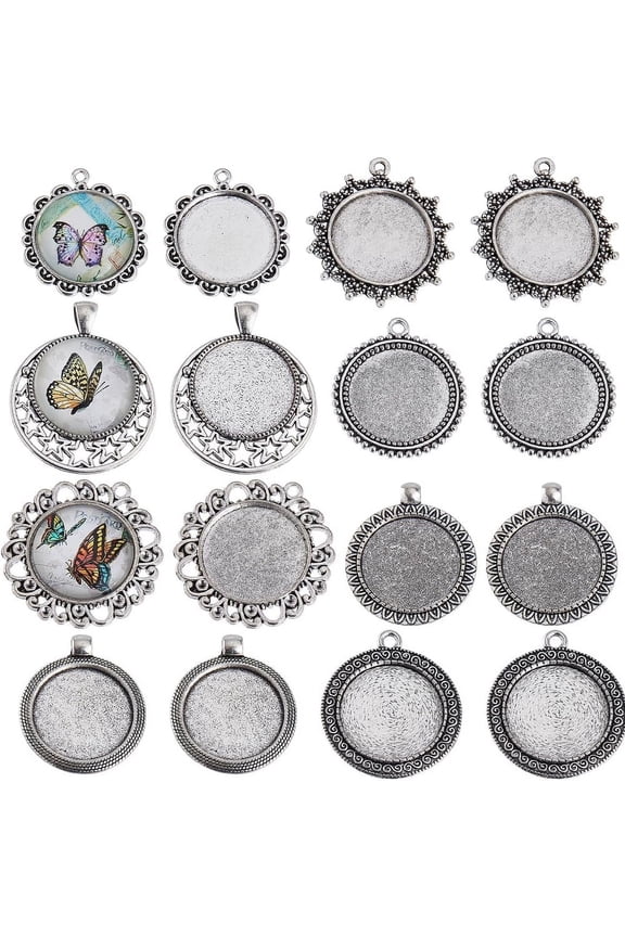 1 Box 16Pcs Cabochon Bezels Vintage Style Silver Blank Bezel Trays Flat Round Charm Pendant Tray Charms Memorial Photo Blanks Bezel