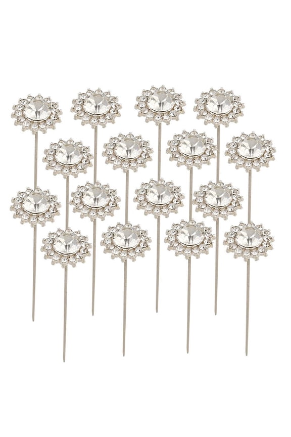 1 Box 16Pcs Diamond Bouquet Pins Rhinestone Flower Pins 2.2 Inch Silver Shine Gems Head Alloy Straight Corsage Boutonniere Metal Brooches for DIY handcrafting