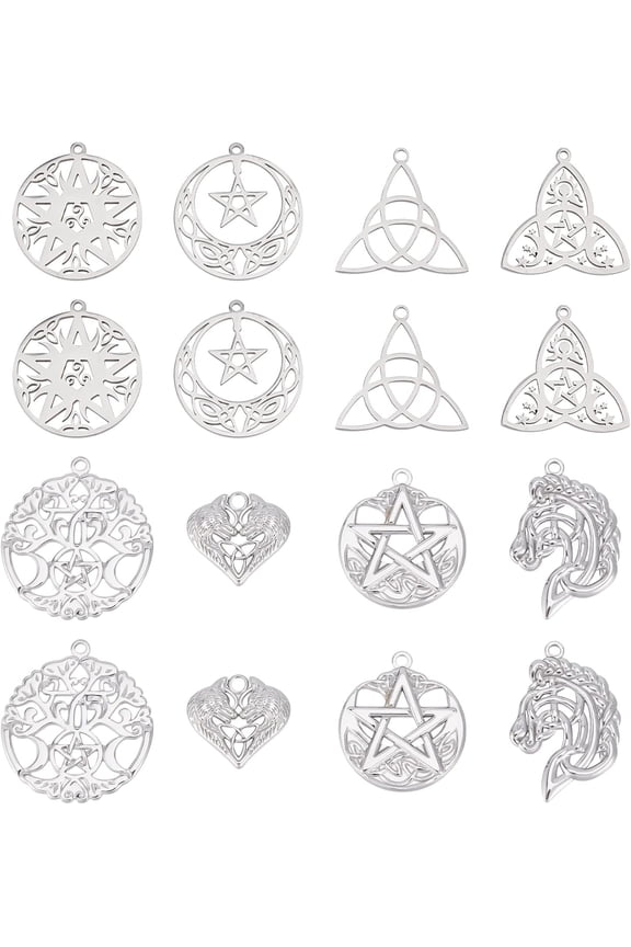 1 Box 16Pcs Knot Charms Trinity Stainless Steel Knot Charm Irish Celtic Knots Heart Charms Tree of Life Angel Wings Charm Horse Head Flat Round Star Charms for DIY Jewelry Making Charms Craft