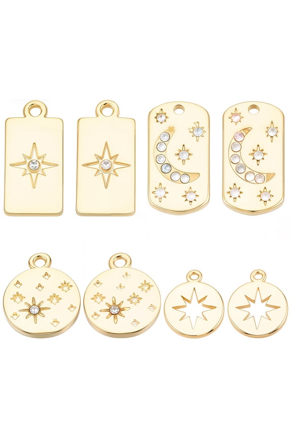 1 Box 16Pcs Real 18K Gold Plated Alloy Celestial Star Charms Metal Rectangle Charm with Rhinestones Round Shape Moon Pendants