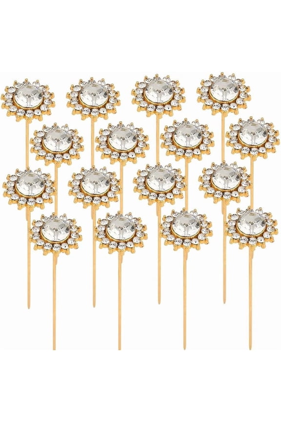 1 Box 16Pcs Rhinestone Bouquet Pins Diamond Flower Pins 2.2 Inch Gold Shine Gems Alloy Straight Head Corsage Boutonniere Brooches Accessories for DIY Wedding Bridal Bouquet Hair DIY Decor