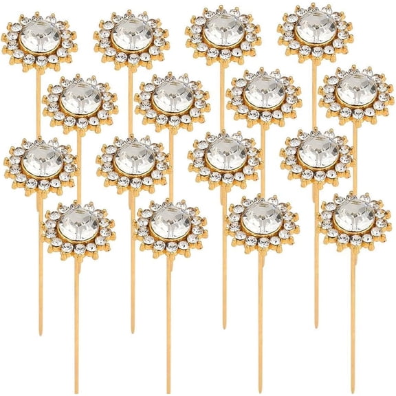 1 Box 16Pcs Rhinestone Bouquet Pins Diamond Flower Pins 2.2 Inch Gold Shine Gems Alloy Straight Head Corsage Boutonniere Brooches Accessories for Wedding Bridal Bouquet Hair DIY Decor