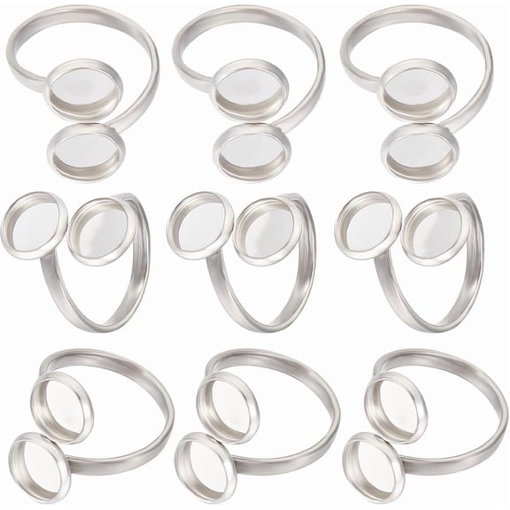 1 Box 16Pcs Rings Components Stainless Steel Double Blank Dome Finger Rings 8mm Open Cuff Finger Ring Enamel Settings for DIY Ring Jewelry Making