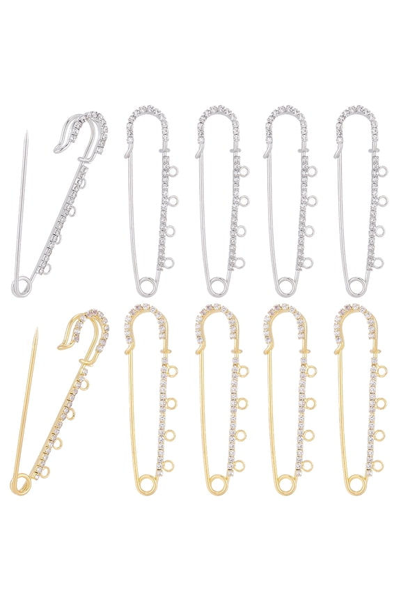 1 Box 16Pcs Safety Pins Brooch Large Kilt Pins Bulk Gold Silver 2.8 Inch Iron Metal Fastener 5 Loops Rhinestone Findings