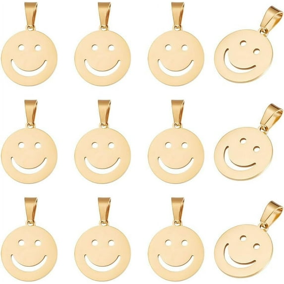 1 Box 16Pcs Smile Charms Golden 304 Stainless Steel Smiling Face Pendants 19.5mm Smile Charms Metal Emotional Face Charms Smile Pendants for DIY Bracelet Necklace Earring Keychain