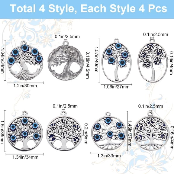 1 Box 16Pcs Tree of Life Charms Bulk Silver Tree Charm Tibetan Style Alloy Metal Large Lucky Plant with Evil Eye Charm for Jewelry Making Charms DIY Crafts Supplies Necklace Bracelet Women