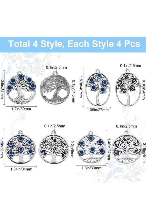 1 Box 16Pcs Tree of Life Charms Bulk Silver Tree Charm Tibetan Style Alloy Metal Large Lucky Plant with Evil Eye Charm for Jewelry Making Charms DIY Crafts Supplies Necklace Bracelet Women