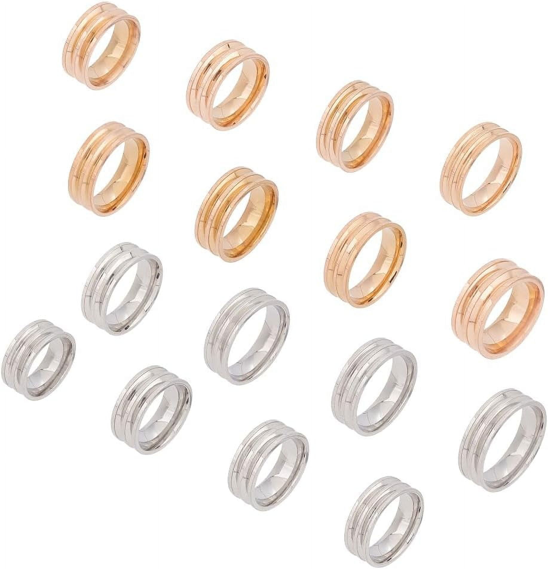 WEBEEDY 1 Box 16pcs Blank Core Ring Set - 8 Sizes 2 Colors Titanium Steel Double Grooved Round Blank Inlay Rings for Handmade Jewelry Making Gifts
