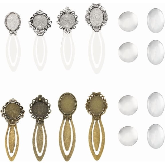1 Box 16pcs Vintage Bookmark Kit Bookmark Metal Retro Bronze Silver Blank Bezel Base Tray Book Marking Sets with Clear Oval Round Cabochons for Women Reading Favors Gifts SuppliesMixed Color