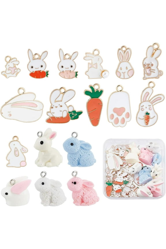 1 Box 17 Styles 34Pcs Easter Charm Bunny Charms Bulk Alloy Enamel Resin Rabbit Carrot Charm Cartoon Metal Dangle Charms