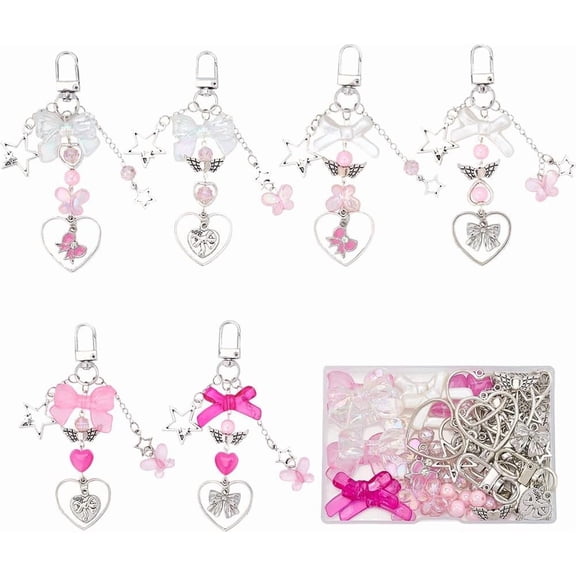 1 Box 171Pcs Keychains Making Kit Bowknot Heart Charms Love Romantic Bowknot Beads Key Chain Pink Beads Acrylic Glass Spacers for Keychains Making Women Adults DIY Crafts Supplies diy