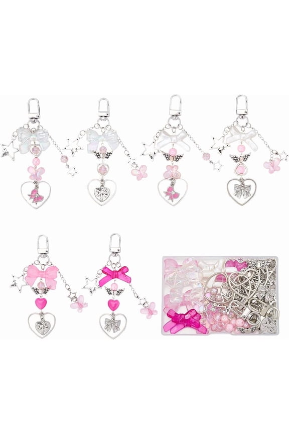 1 Box 171Pcs Keychains Making Kit Bowknot Heart Charms Love Romantic Bowknot Beads Key Chain Pink Beads Acrylic Glass Spacers for Keychains Making Women Adults DIY Crafts Supplies diy
