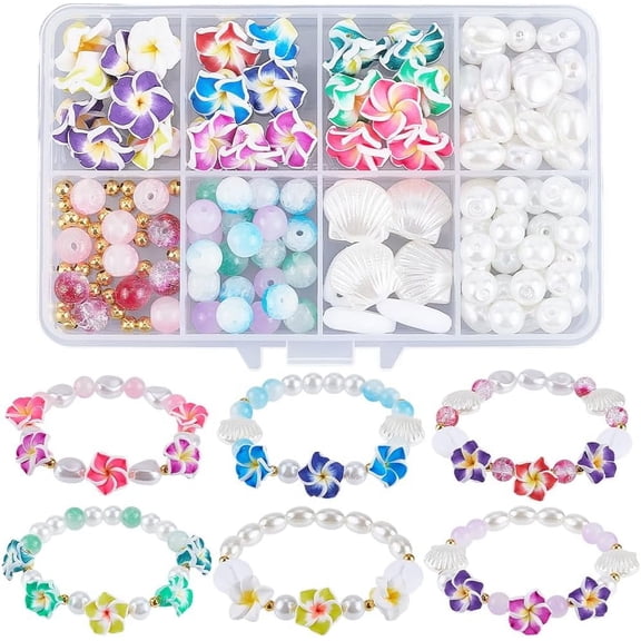 1 Box 174Pcs DIY 6 Sets Bracelet Making Kit Plumeria Flower Beads Polymer Clay Beads Summer Ocean Hawaiian Shell Bead Imitation Pearl Beads DIY
