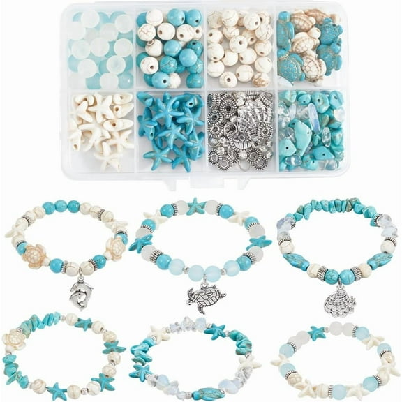 1 Box 175Pcs DIY 6 Sets Bracelet Making Kit Turquoise Sea Turtle Starfish Bead Ocean Animals Dolphin Shell Charms Hawaii Summer Beads for Jewelry Making Kits Adult Women Gifts Supplies