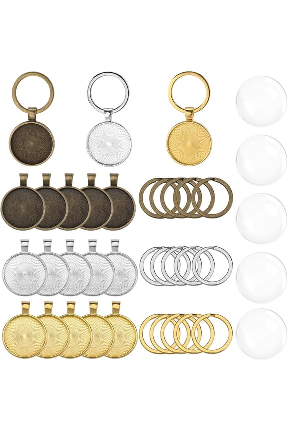 1 Box 18 Sets 3 Colors Cabochon Keychain Kit Tray Charms Bulk Gold Silver Bronze Metal Alloy Glass Basic Blank Iron Split Key Rings Charm