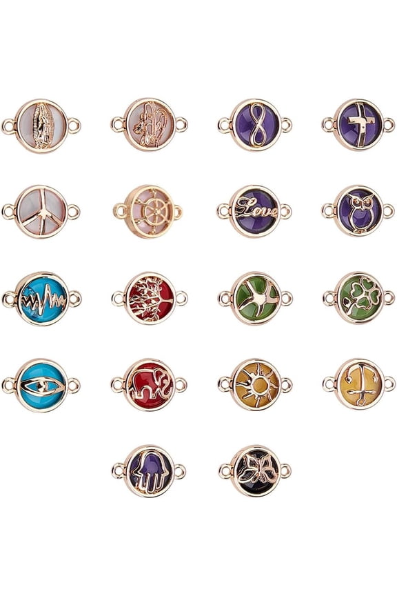 1 Box 18 Styles Glass Charm Connectors Gold Plated Alloy Tree Life Flower Butterfly Charm Pendant Link Connector Bulk Jewelry Findings
