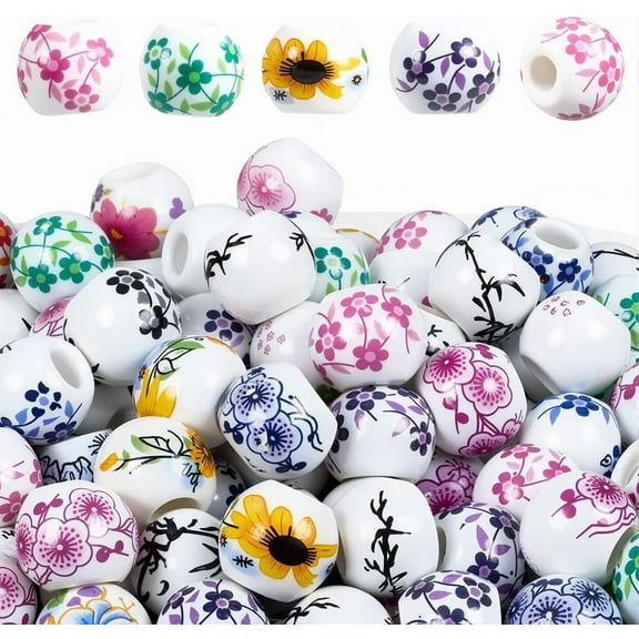1 Box 180PCS 8MM Colored Chinese Porcelain Beads Large Hole Flower Printed Round Floral Ceramic Flowers Vintage Loose Spacer Bead