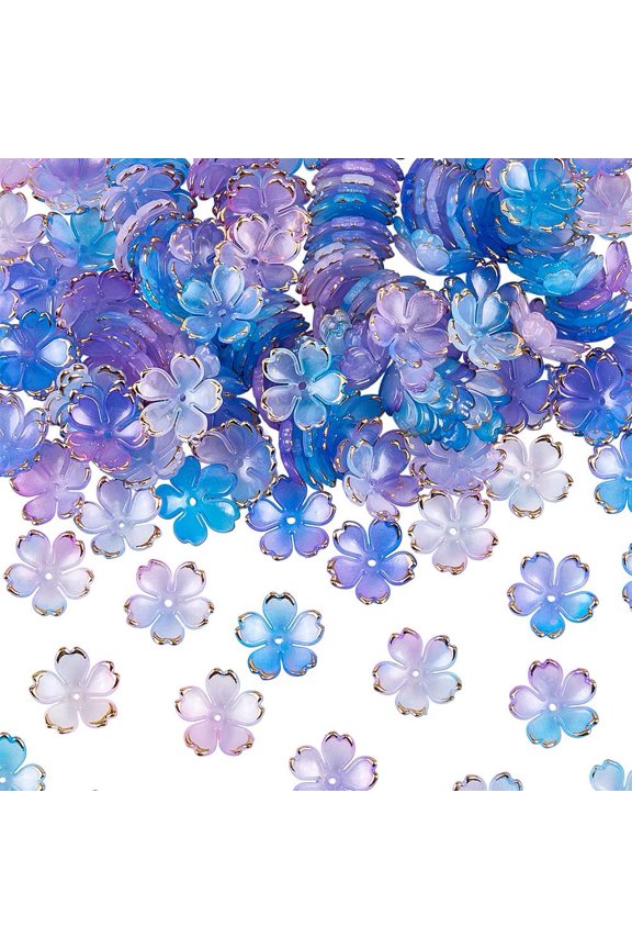 1 Box 180PCS Acrylic Bead Caps with Hole 5 Petal Flower Purple Floral Charms Resin Golden Edge Finding Ends Spacer Beads Cap