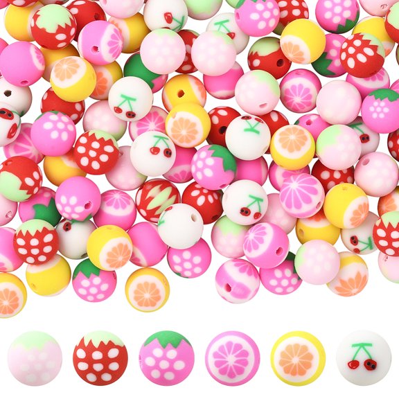 1 Box 180Pcs 6 Colors Polymer Clay Fruit Beads Assorted Fruit Beads Bulk Round Colorful Orange Cherry Strawberry Soft Clay Spacers DIY