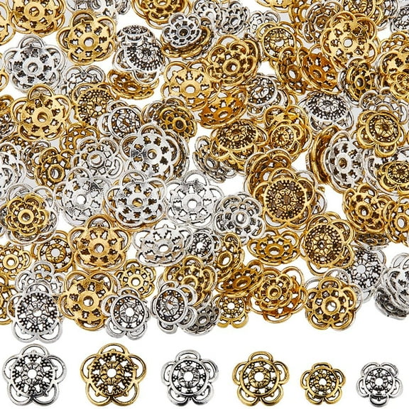 1 Box 180Pcs 6 Styles Flower Spacer Bead Bulk Metal Flower Bead Caps Large Tibetan Silver Gold Hollow Floral Alloy Retro Bead Caps DIY