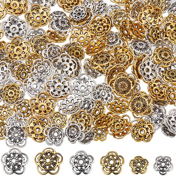 1 Box 180Pcs 6 Styles Flower Spacer Bead Bulk Metal Flower Bead Caps Large Tibetan Silver Gold Hollow Floral Alloy Retro Bead Caps