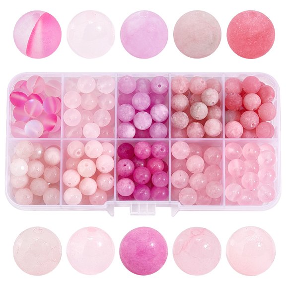 1 Box 180pcs 10 Styles Natural & Mixed Gemstone Beads Mixed Dyed and Undyed Round Pink 8~9mm Hole: 1mm 18pcs/style