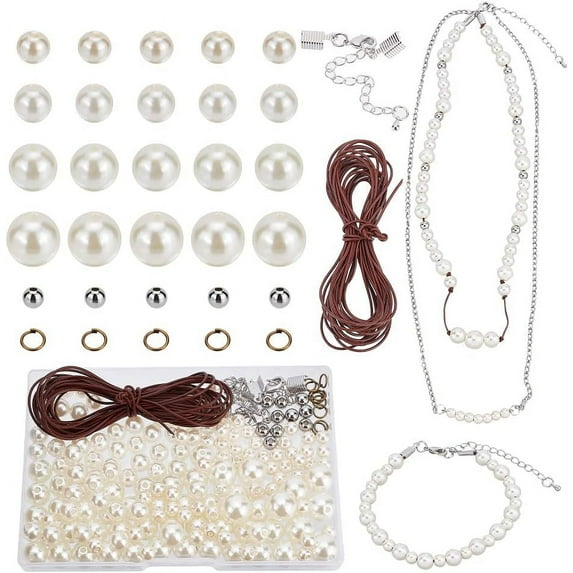 1 Box 183pcs Pearl Jewelry Making kit Leather Bracelet Necklace Making Set 6/8/10/12mm Pearl Beads for Jewelry Making Bracelets Earrings Necklaces DIY Crafts