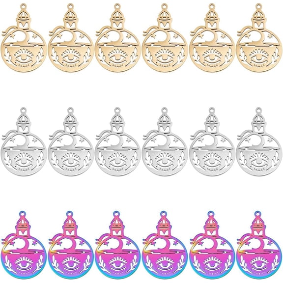 1 Box 18Pcs 3 Colors 304 Stainless Steel Pendant Hollow Charms Bottle with Eye Mixed Color 30x19.5x1.5mm Hole: 1.4mm 6pcs/color