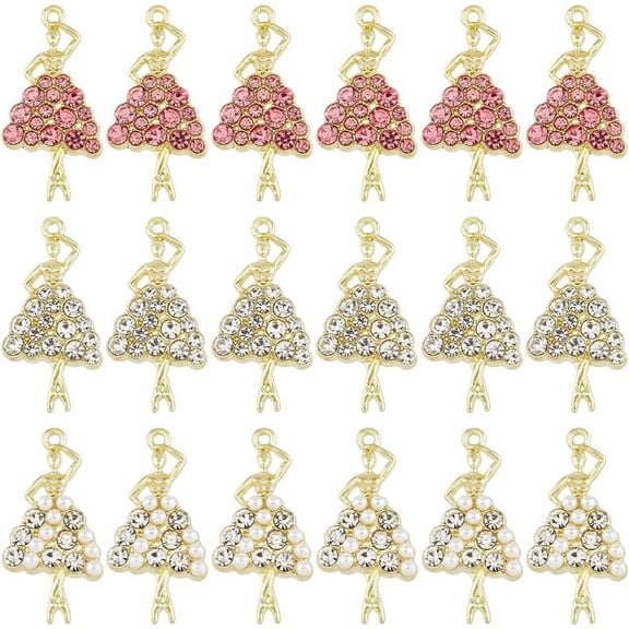 1 Box 18Pcs 3 Styles Alloy with Rhinestone Pendants Light Gold Ballet Dancer Charms Mixed Color 31x16x4mm Hole: 1.6mm 6pcs/style