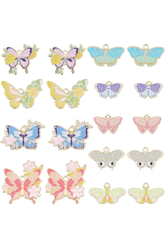 1 Box 18Pcs 9 Styles Butterfly Jewelry Charms Enamel Moth Charms Gold Alloy Metal Colorful Flowers Luna Moths Insect Charms for Jewelry Making Charms Findings DIY Necklaces Earrings Women