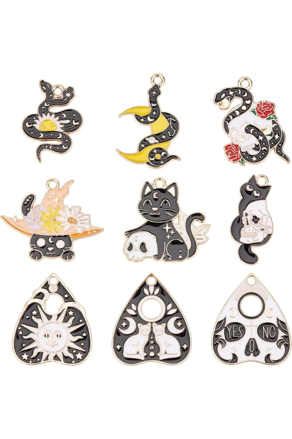 1 Box 18Pcs Gothic Charms Tarot Style Ouiji Board Charm Planchette Charms Yes No Enamel Snake Moon Charm Cat Animal Charms