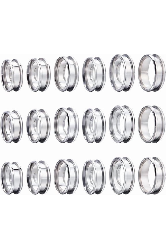 1 Box 18Pcs Stainless Steel Grooved Finger Ring US Size 7/8/9/10/11/12 Core Blanks 8mm Wide Empty Round Grooved Inlay Ring Blanks for Jewelry Making Kits Men Women DIY Craft Supplies Silver
