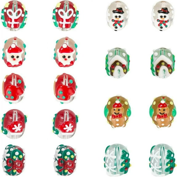 1 Box 18pcs 9 Styles Christmas Lampwork Beads Christmas Glass Beads Round Holiday Hand Painted Trees Candy Santa Claus Bead for Jewelry Making Bracelet Necklace DIY Gift Crafts Supplies Mixed Color