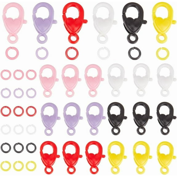 1 Box 192Pcs 6 Colors Heart Lobster Claw Clasp Colorful Split Jump Rings Bulk Alloy Plastic Round Ring Hearts Fastener Hooks Lanyard Clasps for Jewelry Making Bracelet Necklace DIY Crafts