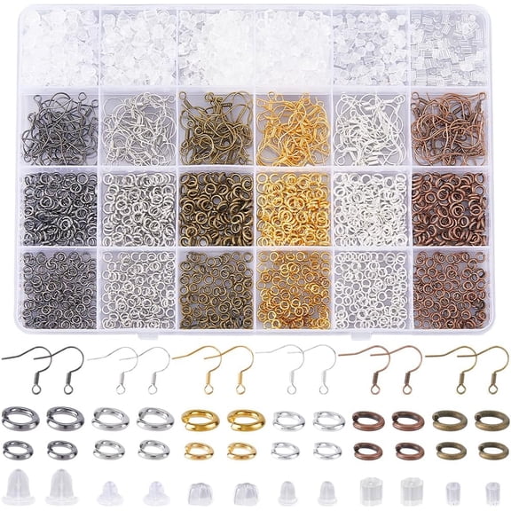 1 Box 1980Pcs 6 Colors Earring Making Supplies Kit Fish Hook Earring Kit with Jump Rings 6 Styles Ear Backs Accessories Earwire Hooks Mixed Color