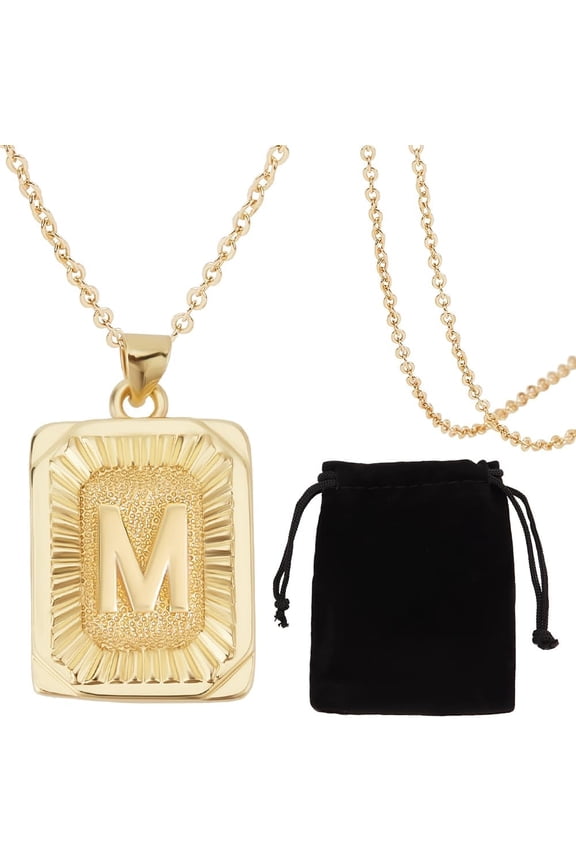 1 Box 1Pc 18K Gold Plated Brass Initial Letters M Necklaces with Rectangle Velvet Pouches for Men Women