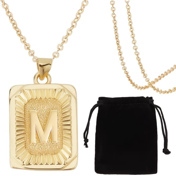 1 Box 1Pc 18K Gold Plated Brass Initial Letters M Necklaces with Rectangle Velvet Pouches for Men Women