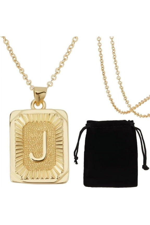 1 Box 1Pc Initial Letters Square Necklaces 18K Gold Plated Brass Alphabet J Necklaces with Rectangle Velvet Pouches for DIY Men Women