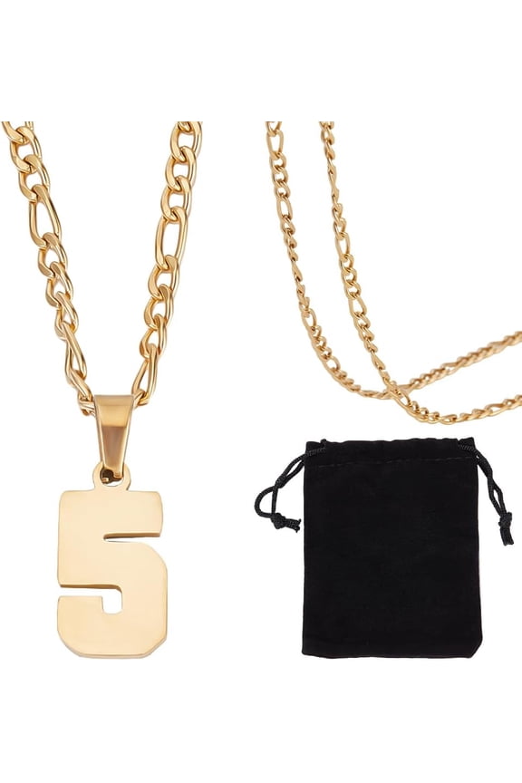 1 Box 1Pc Number Necklace 304 Stainless Steel Athletes Number Chain with Velvet Pouches for Women Men (Number 5) Gold