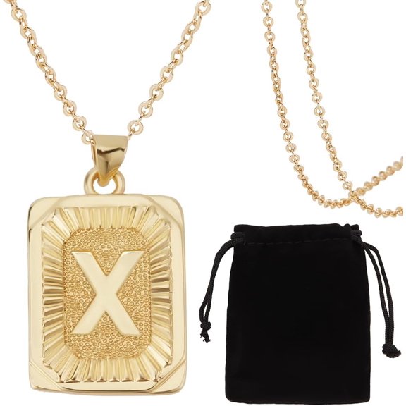 1 Box 1Pc Square Shape Pendant Necklace 18K Gold Plated Brass Initial Velvet Pouches