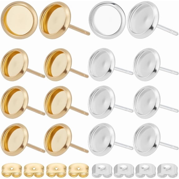 1 Box 2 Colors 60Pcs Cabochon Stud Earrings 18K Gold & Sterling Silver Plated Stainless Steel Round Cabochon Stud Earring Blanks with 6mm Tray 60Pcs Backs