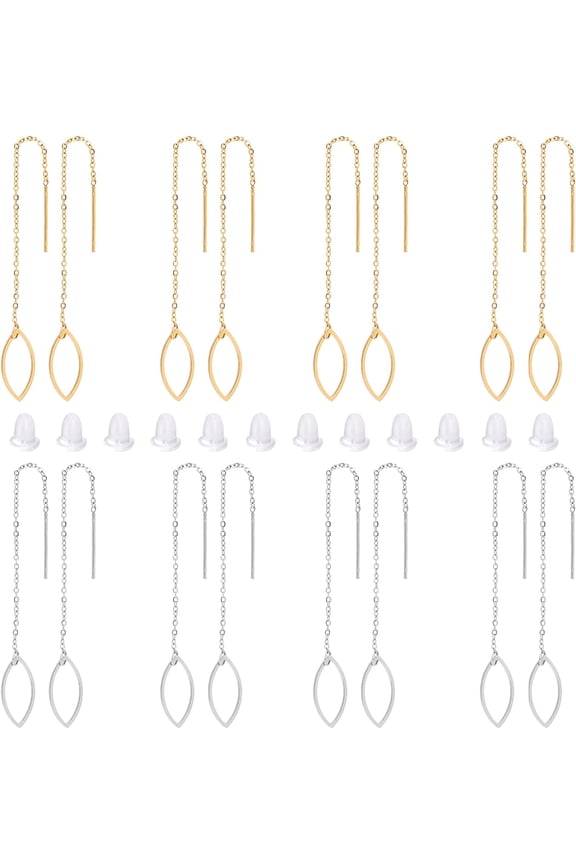 1 Box 2 Colors 8 Pairs Leaf Ear Thread 93.5mm Stainless Steel Hypoallergenic Ear Thread with Ear Nut Hollow Leaf Frame Ear Wire Set Golden Stainless Steel Color Pin: 0.8mm