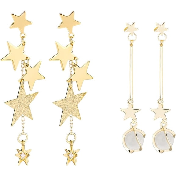 1 Box 2 Pairs 2 Style Cat Eye Planet Brass Star Asymmetrical Earrings Tassel Dangle Stud Earrings with Sterling Silver Pins