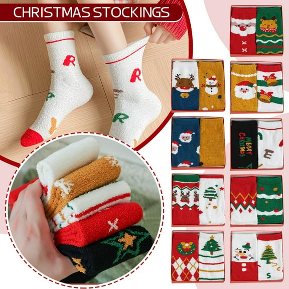 1 Box Of 2 Pairs Of Christmas Stockings,christmas socks for kids,toddler christmas socks,Christmas Fuzzy Socks for Kids Plush Cartoon Non Slip Slipper Winter Warm Fleece Socks with Gift Box
