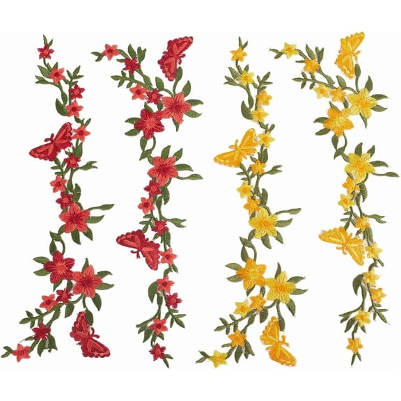 1 Box 2 Pairs Flower Iron On Applique Plum Blossom Butterfly Embroidered Sew on Patches Bouquet Boho Floral Sewing Applique Fabric for Clothes Bags Dress Jeans Repair Decoration Red Yellow