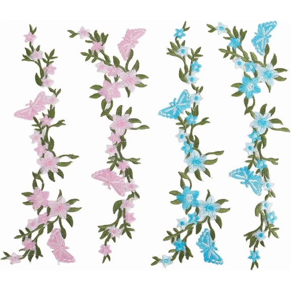 1 Box 2 Pairs Flower Iron On Applique Plum Blossom Butterfly Embroidered Sew on Patches Bouquet Boho Floral Sewing Patch for Clothes Bags Dress Jackets Jeans Repair Decoration Pink Blue diy